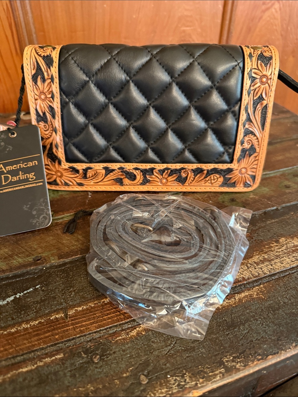 American Darling Black Quilted Wallet with Tan Hand-Tooled Floral Trim - Picture 8 of 10